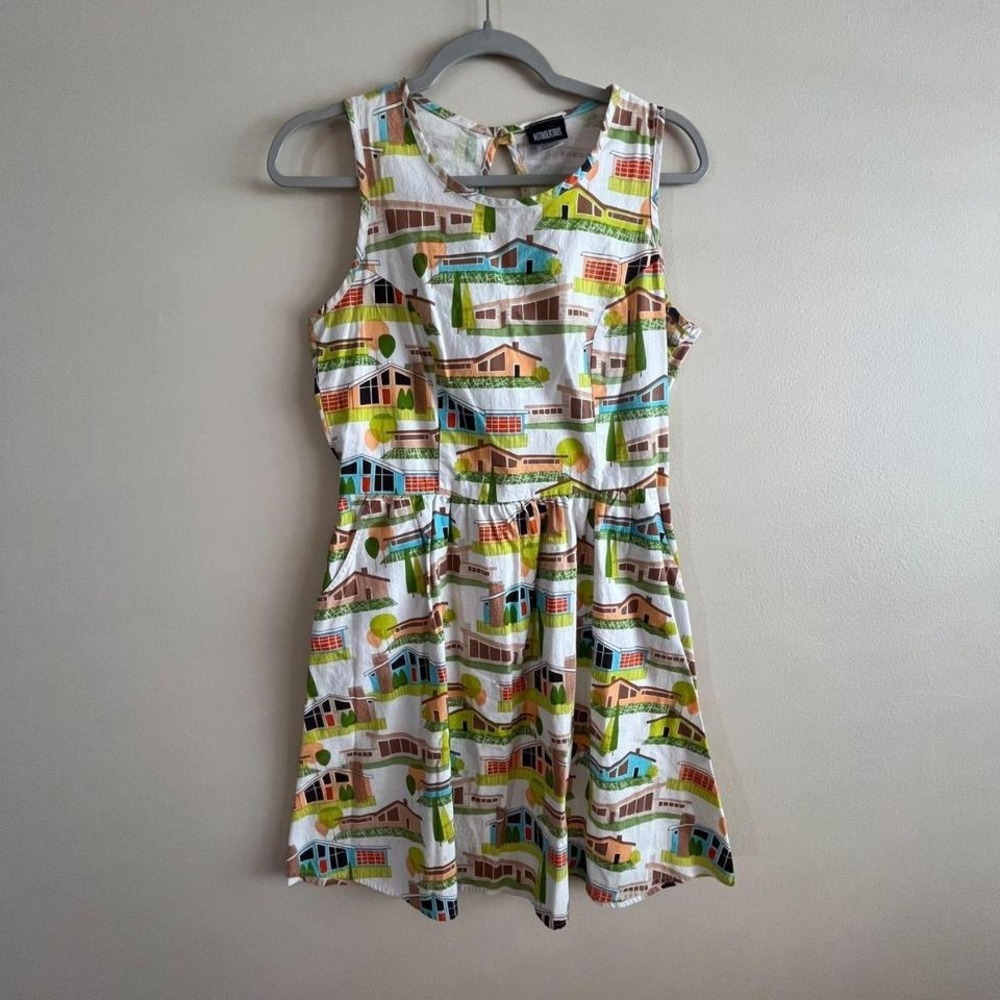 Retrolicious Novelty Print Dress L Mid Century Modern House Cotton Fit Flare